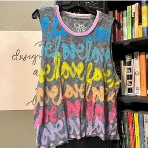 Chaser distressed Graffiti graphic rainbow love side boob muscle T-shirt